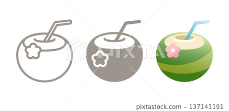 Coconut drink icon. Line, glyph and filled outline colorful Coconut juice version with straw and flower in fresh coconut. Tropical beverage symbol, logo illustration. Isolated Vector Pictogram. Coconut drink icon. Line, glyph and filled outline colorful Coconut juice version with straw and flower in fresh coconut. Tropical beverage symbol, logo illustration. Isolated Vector Pictogram. 137143191