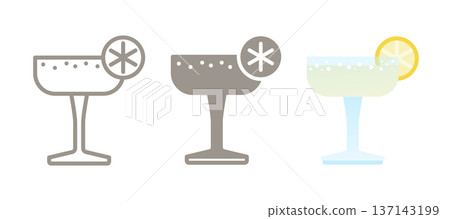 Margarita cocktail icon. Line, glyph and filled outline colorful version with lime slice, salt rim and ice cubes in glass. Classic tequila drink symbol, logo illustration. Vibrant party beverage. 137143199