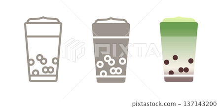 Matcha bubble tea icon. Line, glyph and filled outline colorful version with tapioca pearls, straw and milk in cup. Trendy drink symbol, logo illustration. Bubble milk tea beverage. 137143200