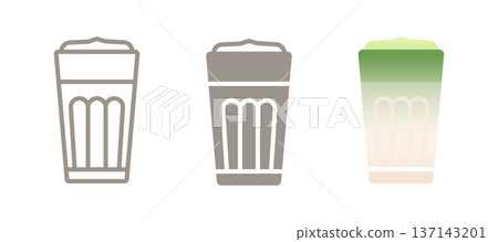 Matcha latte drink icon. Line, glyph and filled outline colorful version with matcha whisk, milk foam and straw in glass. Creamy green tea beverage symbol, logo illustration. Modern healthy drink. 137143201
