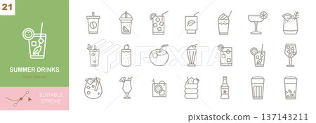 Summer Drinks Linear Icon Set. Refreshing Cocktails, Iced Beverages, Lemonade, Smoothie, Coffee and Tea. Editable Stroke Vector Collection. Summer Drinks Linear Icon Set. Refreshing Cocktails, Iced Beverages, Lemonade, Smoothie, Coffee and Tea. Editable Stroke Vector Collection. 137143211