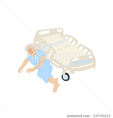 Illustration of an elderly dementia patient falling from bed | Hospital bed, fall accident, risk management Illustration of an elderly dementia patient falling from bed | Hospital bed, fall accident, risk management 137143213