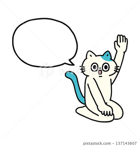 A funny cat sitting upright and raising its hand with a speech bubble A funny cat sitting upright and raising its hand with a speech bubble 137143607