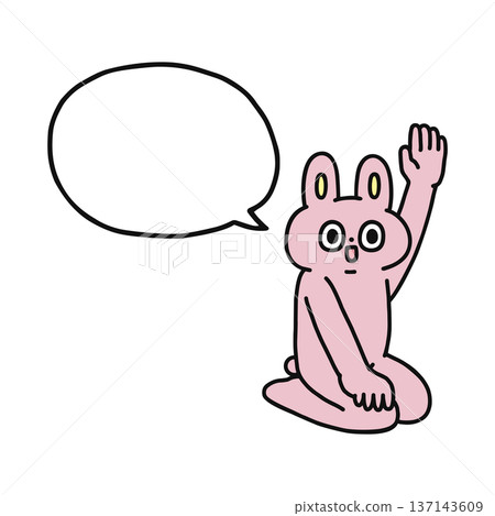 A funny rabbit sitting upright and raising his hand with a speech bubble A funny rabbit sitting upright and raising his hand with a speech bubble 137143609