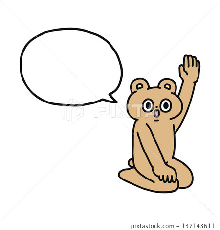 一隻滑稽的熊端坐著，舉起一隻手，手上冒出一個對話框。 137143611