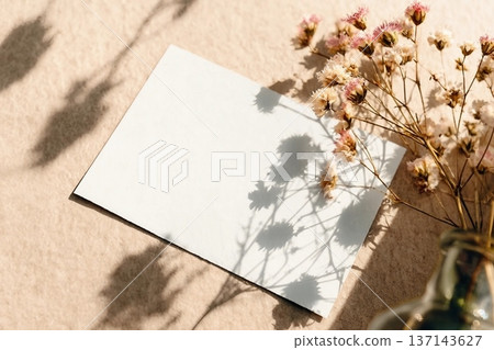 Blank card, gypsophila flowers and glass shadow on neutral background. Top view, flat lay, mockup. 137143627
