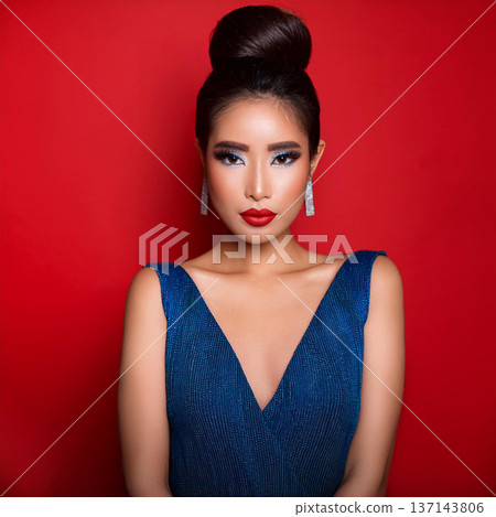 Elegant Brunette Woman Against Red Wall 137143806