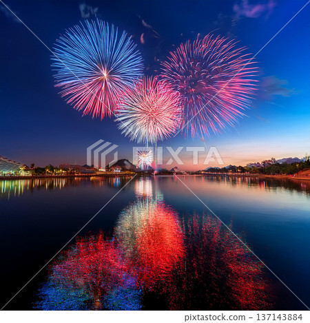 Vibrant Fireworks Lighting Up City Skyline 137143884