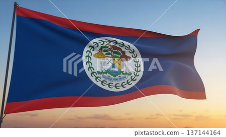 Belize national flag flowing in evening breeze 137144164