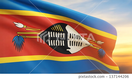 Eswatini flag flowing gently above glowing horizon 137144206