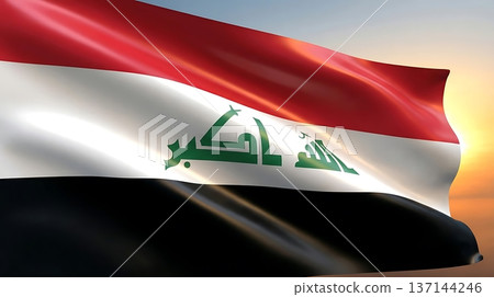 Iraq flag with red white black stripes waving at sunset sky 137144246