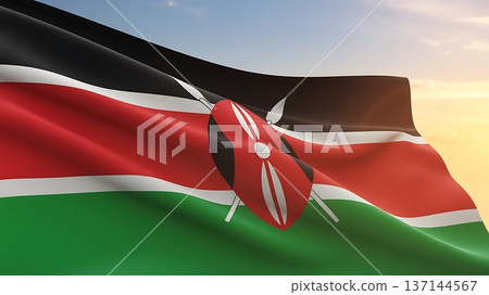 Kenya flag with shield and spears waving against sunset sky 137144567