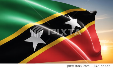 Saint kitts and nevis flag waving at sunset sky 137144636