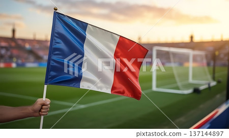 France flag waving beside goal net in sunset stadium 137144897