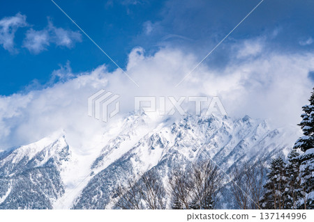 The peaks of Mt. Nishihotaka seen from the Yari Corridor at Nishihotakaguchi Station. Climbing Mt. Nishihotakadake in the dead of winter. 137144996