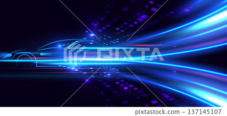 Futuristic neon car silhouette with speed light trails technology background. Futuristic neon car silhouette with speed light trails technology background. 137145107