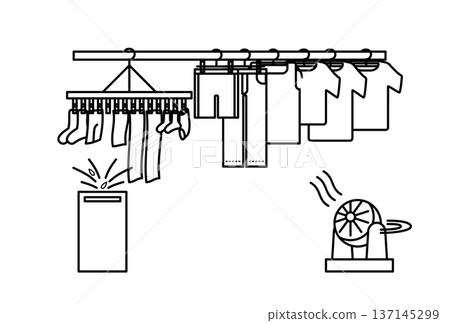 一幅描繪室內晾曬衣物的簡單插圖 137145299