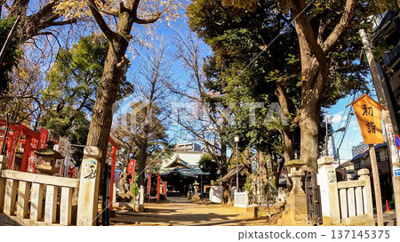 The entrance to the approach to Kishimojin-do Temple in Zoshigaya and the blue winter sky 137145375