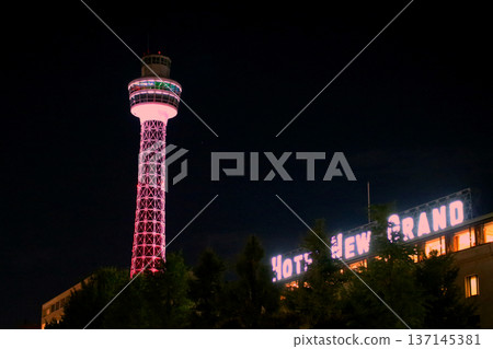 Yokohama Marine Tower that was lighted up Yokohama Marine Tower that was lighted up 137145381