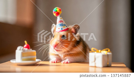 Birthday hamster wearing party hat with tiny cake and gift 137145887