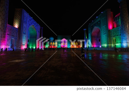 Illuminated Registan Square at night in Samarkand, Uzbekistan Illuminated Registan Square at night in Samarkand, Uzbekistan 137146084