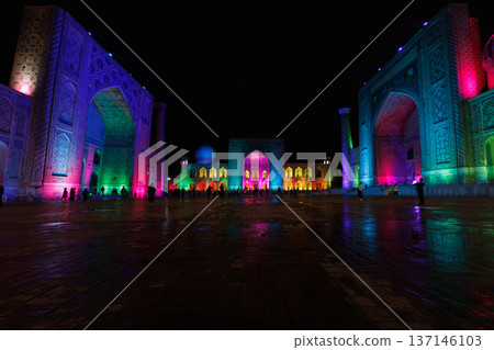Illuminated Registan Square at night in Samarkand, Uzbekistan 137146103