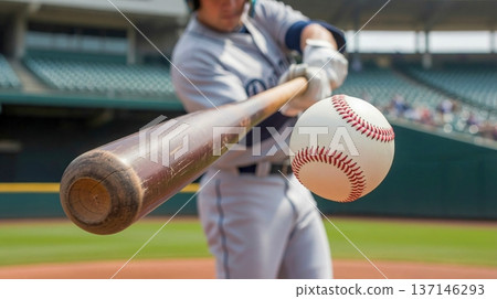 Baseball Bat Striking Ball in Daytime Game 137146293