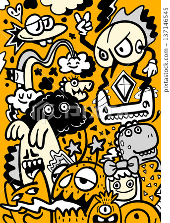 Cartoon doodle monster cloud rainbow happy playful yellow background art Cartoon doodle monster cloud rainbow happy playful yellow background art 137146545