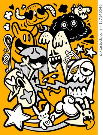 Cartoon doodle monster cloud star playful happy expressive orange black white characters fill Cartoon doodle monster cloud star playful happy expressive orange black white characters fill 137146546