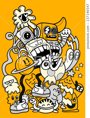 Cartoon doodle monster character happy abstract yellow fun creative playful art illustration Cartoon doodle monster character happy abstract yellow fun creative playful art illustration 137146547