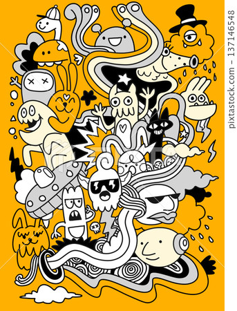 Cartoon doodle abstract surreal character animal mushroom cloud happy creative fun yellow black Cartoon doodle abstract surreal character animal mushroom cloud happy creative fun yellow black 137146548