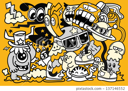 Cartoon monster doodle snail sunglasses hat cloud spaceship playful yellow background 137146552
