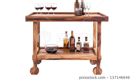 A wooden bar cart with a bowl and glasses of wine on it 137146646