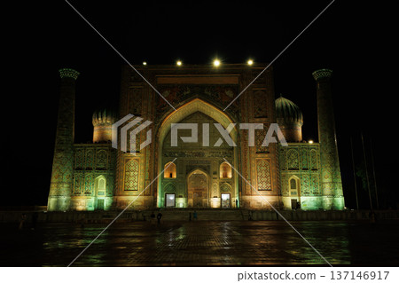 Illuminated Registan Square at night in Samarkand, Uzbekistan Illuminated Registan Square at night in Samarkand, Uzbekistan 137146917