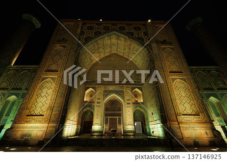 Illuminated Registan Square at night in Samarkand, Uzbekistan Illuminated Registan Square at night in Samarkand, Uzbekistan 137146925