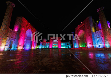 Illuminated Registan Square at night in Samarkand, Uzbekistan Illuminated Registan Square at night in Samarkand, Uzbekistan 137147076