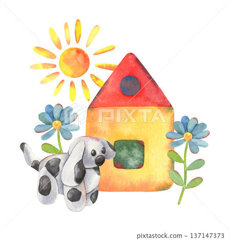 Children drawing house, sun, flowers, clay dog. Hand-painted watercolor illustration isolated on white for kids branding, preschool materials, nursery decor, posters, greeting cards, packaging 137147373