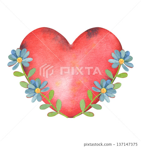 Red heart with flat flowers. Hand-painted watercolor illustration isolated on white for Valentine Day cards, wedding invitations, romantic branding, social media, packaging, love-themed designs Red heart with flat flowers. Hand-painted watercolor illustration isolated on white for Valentine Day cards, wedding invitations, romantic branding, social media, packaging, love-themed designs 137147375
