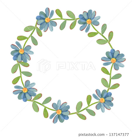 Children floral wreath, blue flowers. Hand-painted watercolor illustration isolated on white background for nursery decor, baby shower invitations, birthday cards, branding, posters,packaging, design 137147377