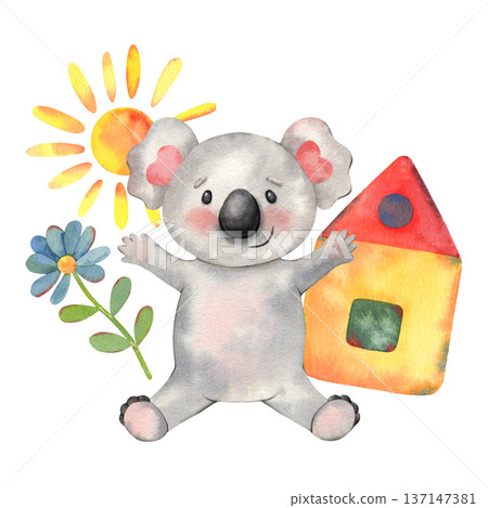Children drawing house, sun, flowers, koala. Hand-painted watercolor illustration isolated on white for kids branding, preschool materials, nursery decor, posters, greeting cards, packaging Children drawing house, sun, flowers, koala. Hand-painted watercolor illustration isolated on white for kids branding, preschool materials, nursery decor, posters, greeting cards, packaging 137147381