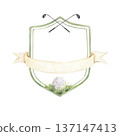 Golf Badge Frame with Ribbon and Crossed Clubs Watercolor Illustration 137147413
