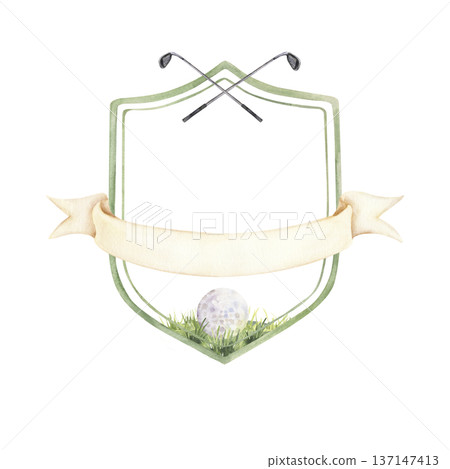 Golf Badge Frame with Ribbon and Crossed Clubs Watercolor Illustration Golf Badge Frame with Ribbon and Crossed Clubs Watercolor Illustration 137147413