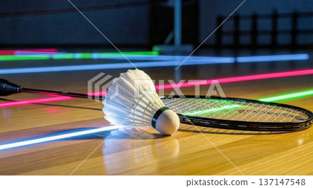 Shuttlecock and badminton racket on court with neon light streaks 137147548