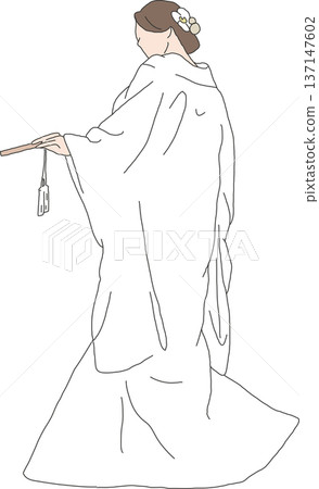 A woman wearing a white wedding kimono and holding a fan A woman wearing a white wedding kimono and holding a fan 137147602
