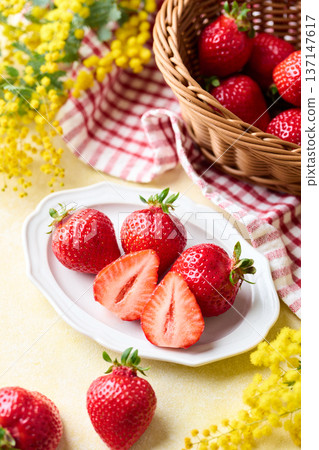 Amaou strawberries from Fukuoka Prefecture served on a plate Amaou strawberries from Fukuoka Prefecture served on a plate 137147617