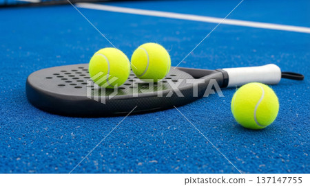 Padel racket with tennis balls on blue court, shallow depth of field 137147755