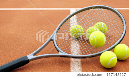 Tennis racket and balls on clay court near line 137148227