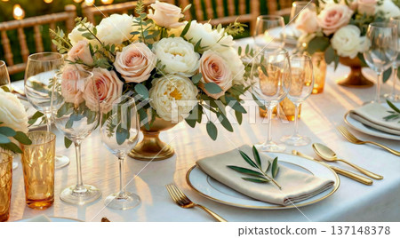Romantic Outdoor Banquet Table with Roses and Wine 137148378