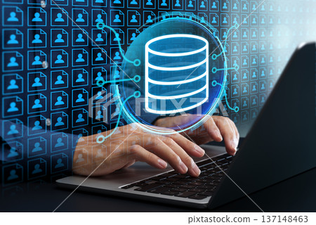 Customer relationship management database. Customer profile and behavioral data. Businesses using CRM systems on laptops. 137148463