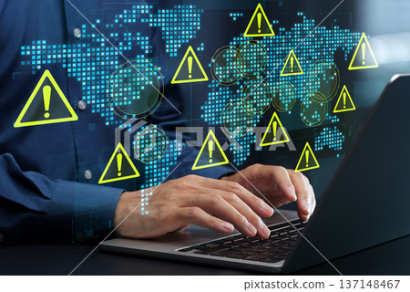 Geopolitical risk analysis. Risk management for global business. World map and triangle warning icon. 137148467